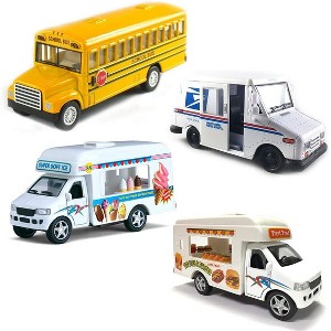 Kinsfun Die Cast Toy Trucks Set of 4 | Ice Cream Truck, Food Truck, School Bus, Mail Truck with Pullback Action - 1 of 1