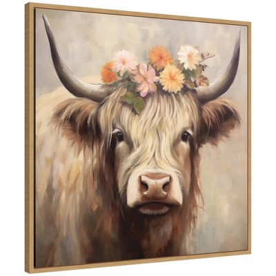 Kate & Laurel All Things Decor 30"x30" Sylvie Adorable Floral Boho Highland Cow Framed Canvas by The Creative Bunch Studio Natural