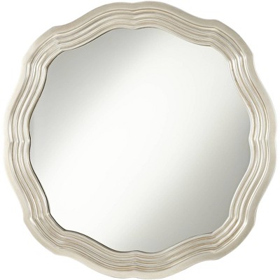 Noble Park Scalloped Round Vanity Wall Mirror Modern Silver Stepped Frame Beveled 32 1/2" Wide for Bathroom Bedroom Living Room