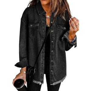 Zeagoo Jean Jackets for Women Ripped Fringe Denim Jean Jacket Casual Long Sleeve Pockets Jackets Coat - 1 of 4