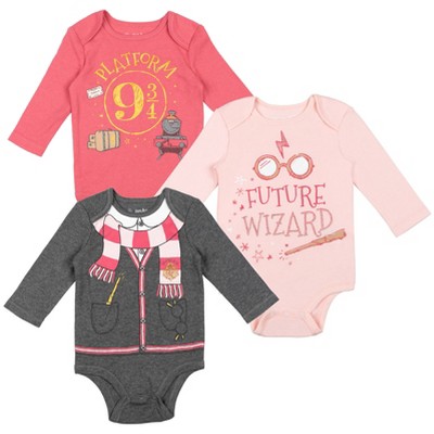 Image of Harry Potter Hermione Newborn Baby Girls 3 Pack Long Sleeve Bodysuits Red / Pink / heather grey 3-6 Months