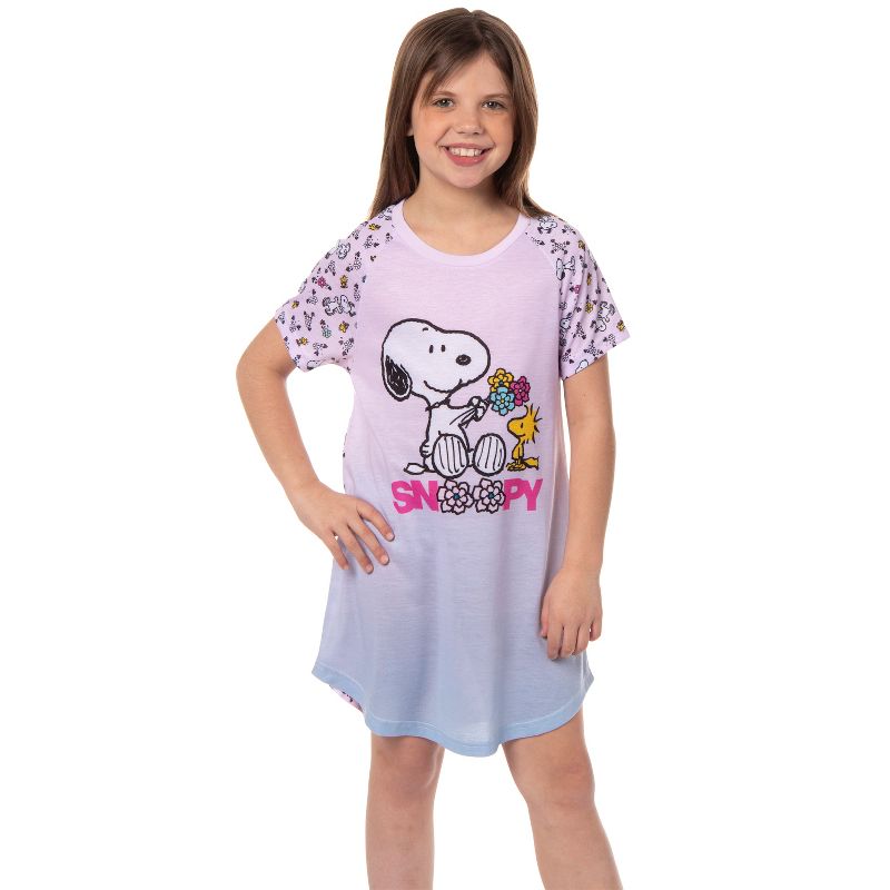 Girls' Peanuts Snoopy Woodstock Flowers Friends Nightgown Pajama Shirt Pink, 5 of 6