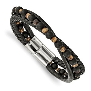 Black Bow Jewelry Stainless Steel, Tiger's Eye/Black Agate & Leather Bracelet, 8.25 Inch - 1 of 4