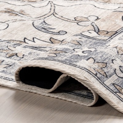 Gray Floral Cotton Synthetic Washable Round Area Rug