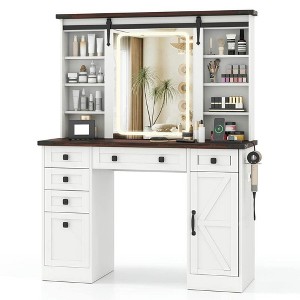 Resenkos Farmhouse Vanity Desk - Barn-Style Sliding Mirror, 3 Lighting Modes - White - 1 of 4