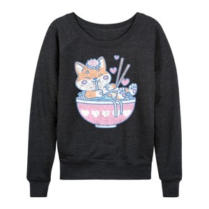 Women's - Instant Message - Kawaii Ramen Shiba Inu Lightweight French Terry Wide Neck Long Sleeve Graphic Shirt - 1 of 4