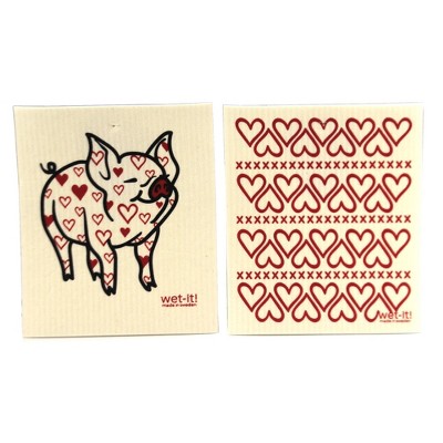 Swedish Dish Cloth 7.75" Pig And Hearts Absorbent Cleaning Cloth Valentines  -  Dish Cloth