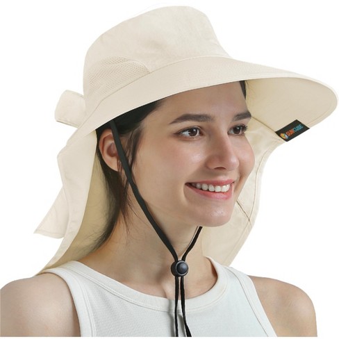 SUN CUBE Wide Brim Sun Hat with Neck Flap, UPF50+ Hiking Safari Fishing Hat  for Womens, Sun Protection Beach Hat (Beige with Bow)