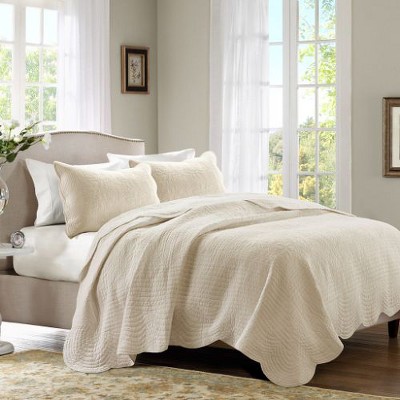 Sapphtopaz 3-Piece Reversible Scalloped Edge Quilt Set & Shams, Cottage/Country Style Queen Sheet Set (1 Quilt, 2 Pillow Shams)