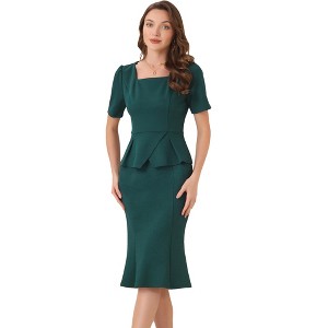 Allegra K Women's Business Square Neck Short Sleeve Peplum Blouse with Fishtail Bodycon Skirts 2-Pc-Set - 1 of 4
