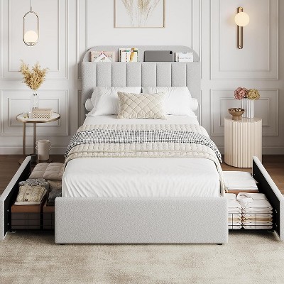 Upholstered Bed Frame with Headboard, Boucle Platform Bed with Bookcase & 2 Flexible Drawers, Easy Assembly, No Box Spring Needed