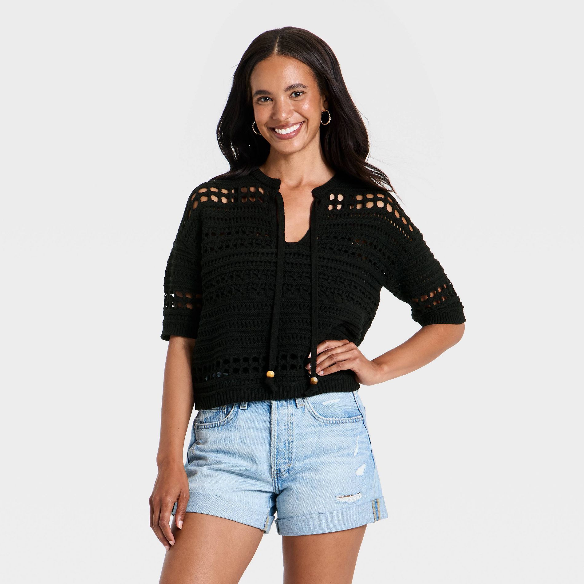 Women's Short Sleeve Openwork V-Neck Pullover Sweater - Universal Thread™ Black