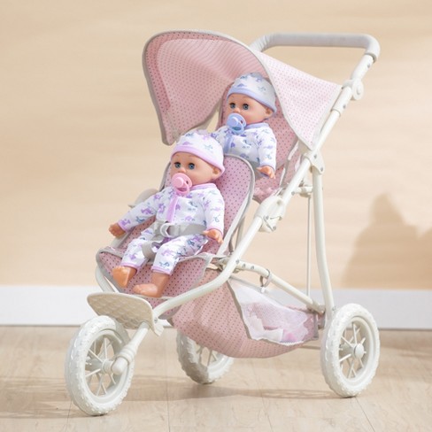 POLKA DOTS Exquisite Buggy PINK Twin DOLL Jogger Stroller with Diaper Bag 