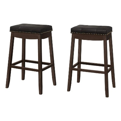 Monarch Specialties Bar Stool Set Of 2 Bar Height Saddle Seat Wood Pu Leather Look Black Brown Transitional