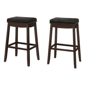 Monarch Specialties Bar Stool Set Of 2 Bar Height Saddle Seat Wood Pu Leather Look Black Brown Transitional - 1 of 4