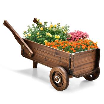 Costway Decorative Wagon Cart Plant Flower Pot Stand Wooden Raised Garden Planter Box