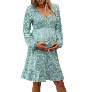 Women's Maternity Smocked Long Sleeve Ruffle Dress V Neck Fall Casual Flowy Midi Dress for Baby Shower Photoshoot - 1 of 4