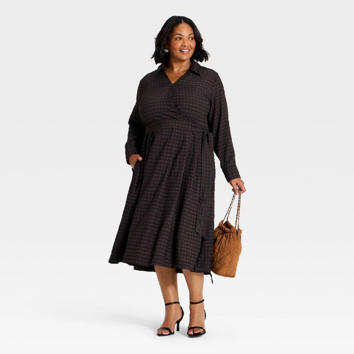 Women's Long Sleeve Tie-Waist Midi Dress - A New Day™ Brown Gingham - thumbnail 6