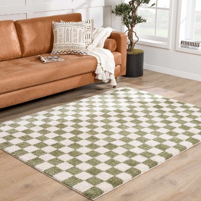 Hauteloom Canika Green Checkered Washable Plush Rug