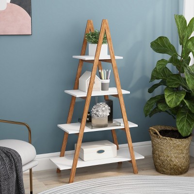 Modern Bamboo Wood Ladder Shelving Unit,5-Tier A-Frame Open Bookshelf,Living Room Freestanding Corner Display Bookshelf-Baofuwish