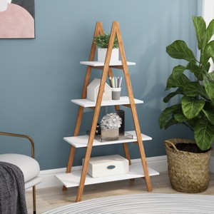 Modern Bamboo Wood Ladder Shelving Unit,5-Tier A-Frame Open Bookshelf,Living Room Freestanding Corner Display Bookshelf-Baofuwish - 1 of 4