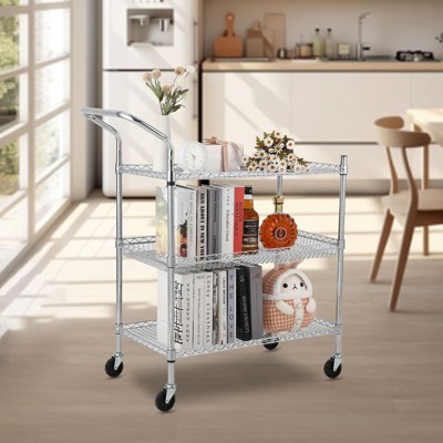 Commercial Grade Utility Cart, 3 Tires Wire Rolling Cart, Steel Service Cart with Wheels