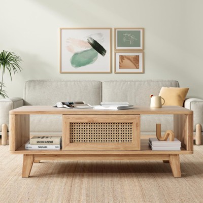 FURNIinspire Coffee Tables Modern Rectangular Living Room Table, Wooden Coffee Table With Rattan Drawer For Home Office, Beige, 23.6"*43.7"*15.7"