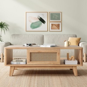 FURNIinspire Coffee Tables Modern Rectangular Living Room Table, Wooden Coffee Table With Rattan Drawer For Home Office, Beige, 23.6"*43.7"*15.7" - 1 of 4