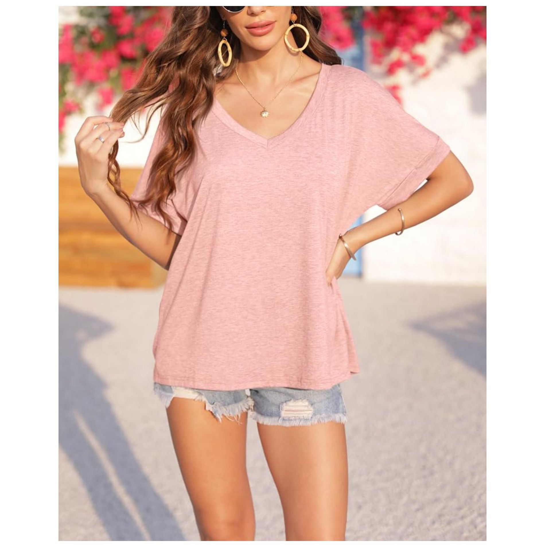 Imily Bela Loose V Neck Short Sleeve Summer Women's Casual Loose Tops Tees Oversized T Shirts