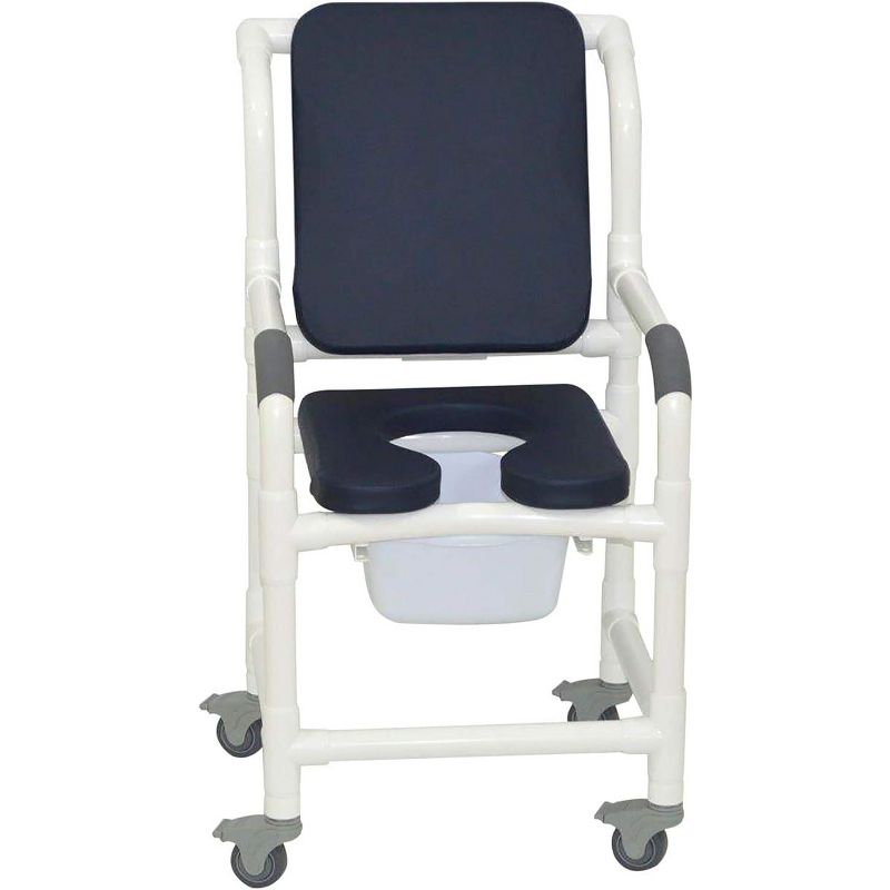 MJM International Corporation Shower chair 18 in width 3 in total locking casters BLUE front seat BLUE cushion padded back 300 lbs wt, 1 of 2