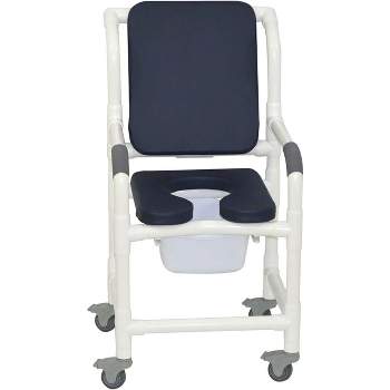 MJM International Corporation Shower chair 18 in width 3 in total locking casters BLUE front seat BLUE cushion padded back 300 lbs wt