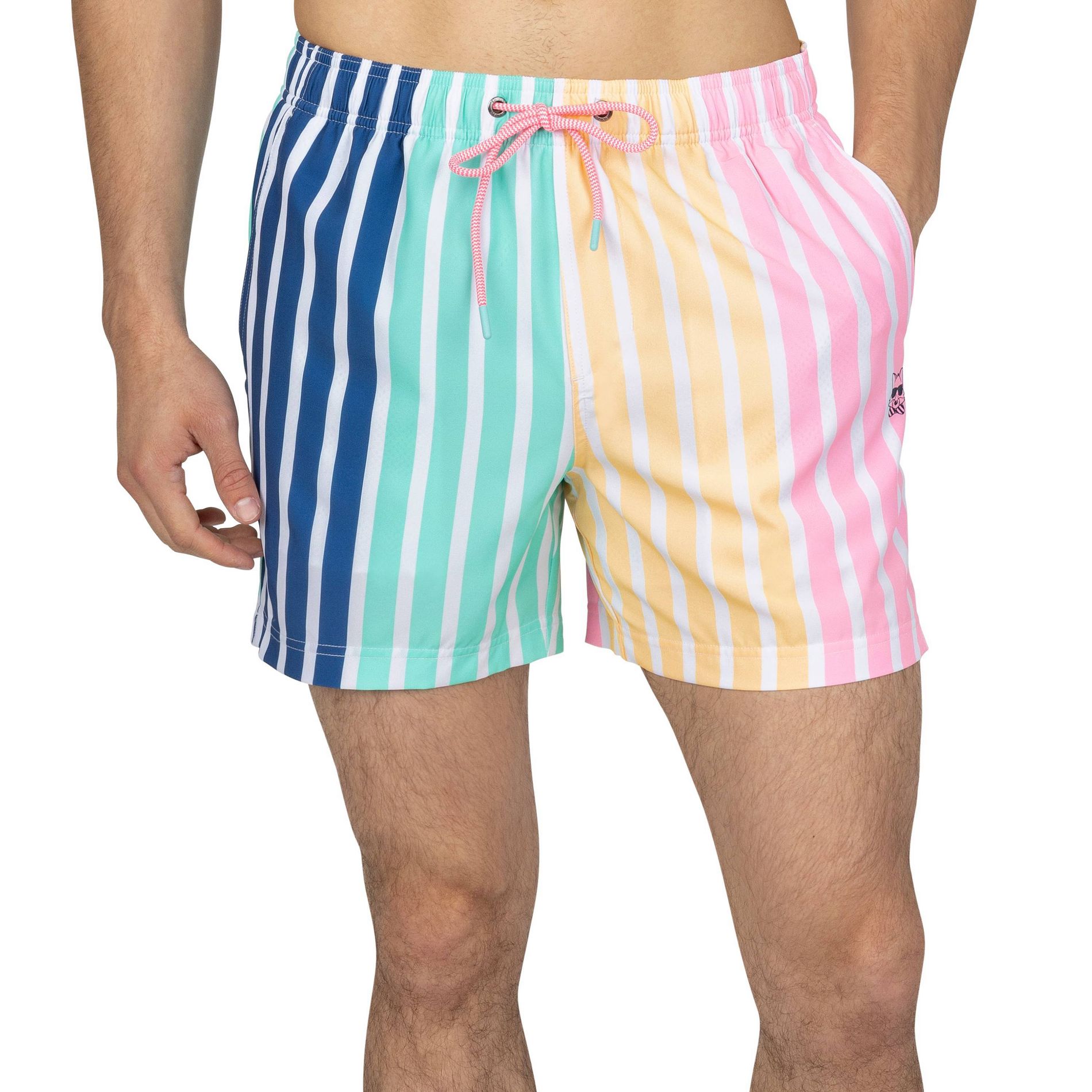 Party Pants Men's Jersey Swim Shorts - Blue/Yellow/Pink Stripes