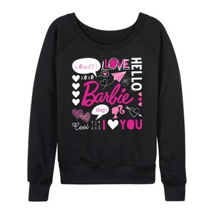 Women's - Barbie - Valentine's Collage Lightweight French Terry Wide Neck Long Sleeve Shirt - 1 of 4