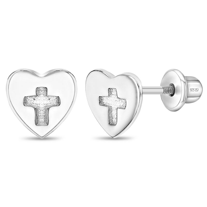 Girls' Heart & Cross Screw Back Sterling Silver Earrings - In Season Jewelry, 1 of 6