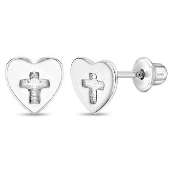 Girls' Heart & Cross Screw Back Sterling Silver Earrings - In Season Jewelry