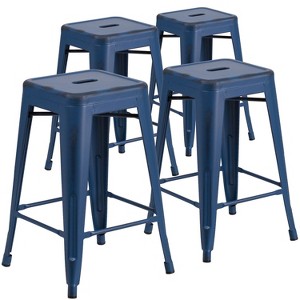 Emma and Oliver Commercial Grade 4 Pack 24" High Backless Distressed Metal Indoor-Outdoor Counter Height Stool - 1 of 4