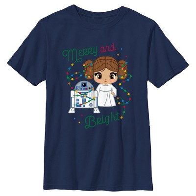 Boy's Star Wars Merry Leia and R2-D2 T-Shirt - Navy Blue - X Large