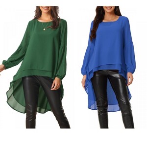 INSPIRE CHIC Women's Lantern Long Sleeve Round Neck High Low Irregular Hem Casual Blouse 2 Packs - 1 of 4