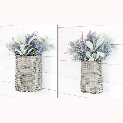 Gray Washed Wicker Oval Hanging Pocket Baskets, Set of 2