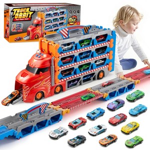 Joyfy 8FT Foldable Carrier Truck, 3-Layer Toy Truck Race Track with 12 Die-Cast Metal Cars – Lights & Sounds Gift for Toddlers Boys Girls Ages 3-5 - 1 of 4