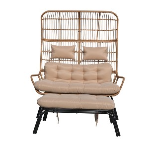 Indoor Outdoor Double Egg Chair with Ottoman Padded Cushions,Wicker Lounge Chair Deep Seating Chair with Footrests,Loveseat for Patio Porch Backyard - 1 of 4