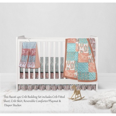 Bacati - Paisley Sophia Coral Aqua 4 pc Crib Bedding Set with Diaper Caddy