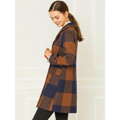 Allegra K Women's Winter Notched Lapel Double Breasted Classic Buffalo Checks Pea Coat X-Small Brown — фото 4