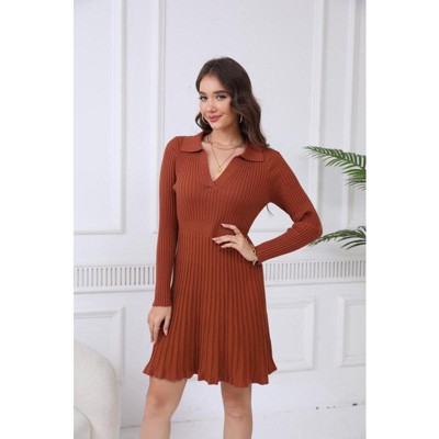 WhizMax Women's 2024 Long Sleeve Mini Sweater Dress V Neck Ribbed Knit A Line Pleated Swing Short Dresses
