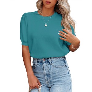 Clearlove weater Tops for Women Short Sleeve Crew Neck Summer Knit Shirt Ribbed Knit Cuff Tops. - 1 of 1