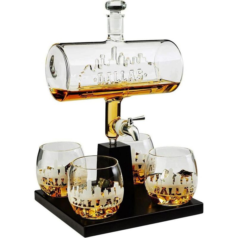The Wine Savant Dallas Design Whiskey & Wine Decanter Set Includes 4 Dallas Design Whiskey Glasses, Unique Addition to Home Bar - 1100 ml, 1 of 7