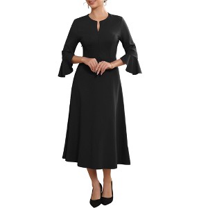 INSPIRE CHIC Women's Split Neck Bell 3/4 Sleeve Business Office Causal A-Line Midi Dresses - 1 of 4