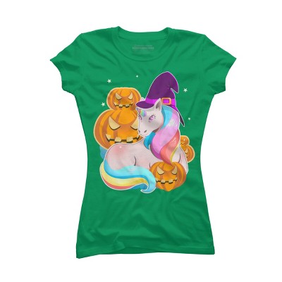 Junior's Design By Humans Cute Unicorn With Jack O Lantern Halloween T Shirt By thebeardstudio T-Shirt