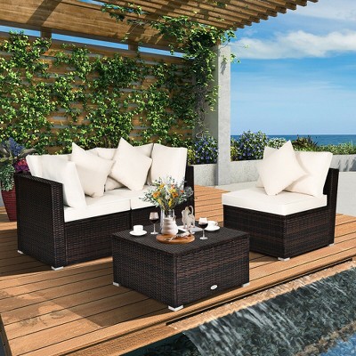 Costway 4PCS Patio Rattan Wicker Sofa Furniture Set Cushioned Conversation Ottoman Set