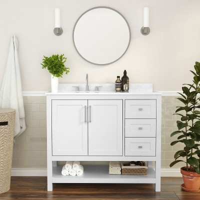 Flash Furniture Vega Bathroom Vanity with Sink, Storage Cabinet with Soft Close Doors, Open Shelf and 3 Drawers, Carrara Marble Finish Countertop